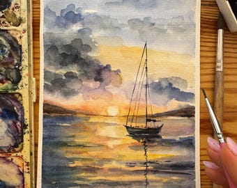 オリジナル水彩画「帆船」：カリフォルニアの海景アート 6x8 - Etsy 日本