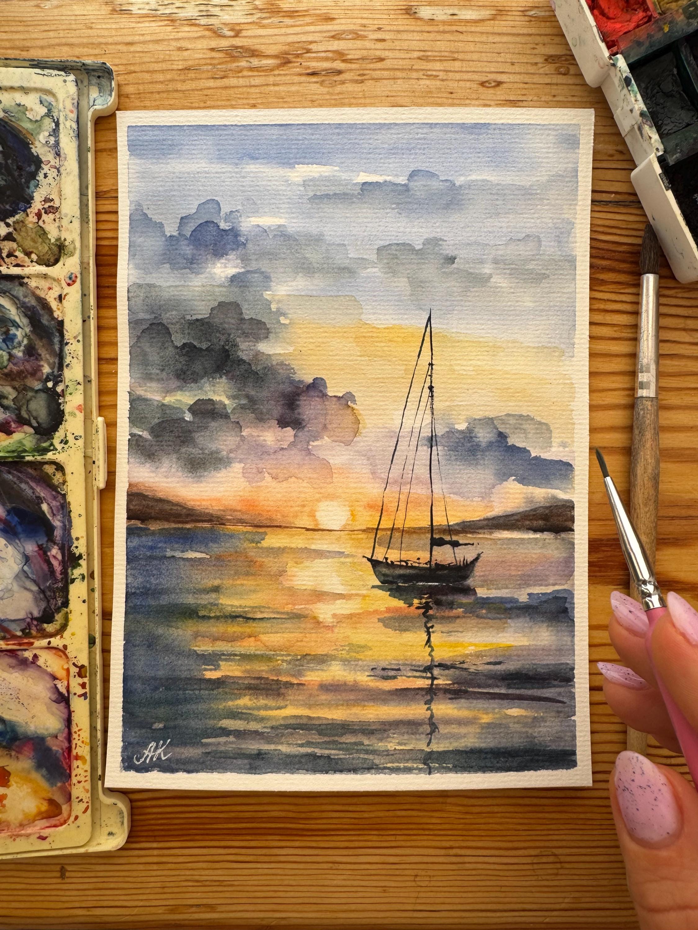 オリジナル水彩画「帆船」：カリフォルニアの海景アート 6x8 - Etsy 日本