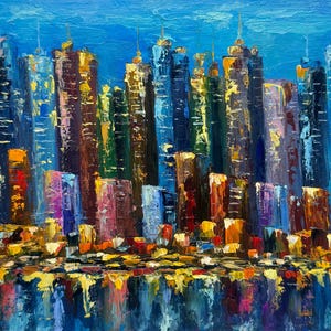 New York Painting Night Cityscape Original Art Night New York Wall Art Skyline painting  New York impasto painting by Alla