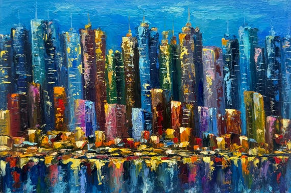♦️N ew York Skyline 肉筆　油彩　絵画　美術品　インテリア New York Cityscape Painting: Original Impasto Night Skyline Art
