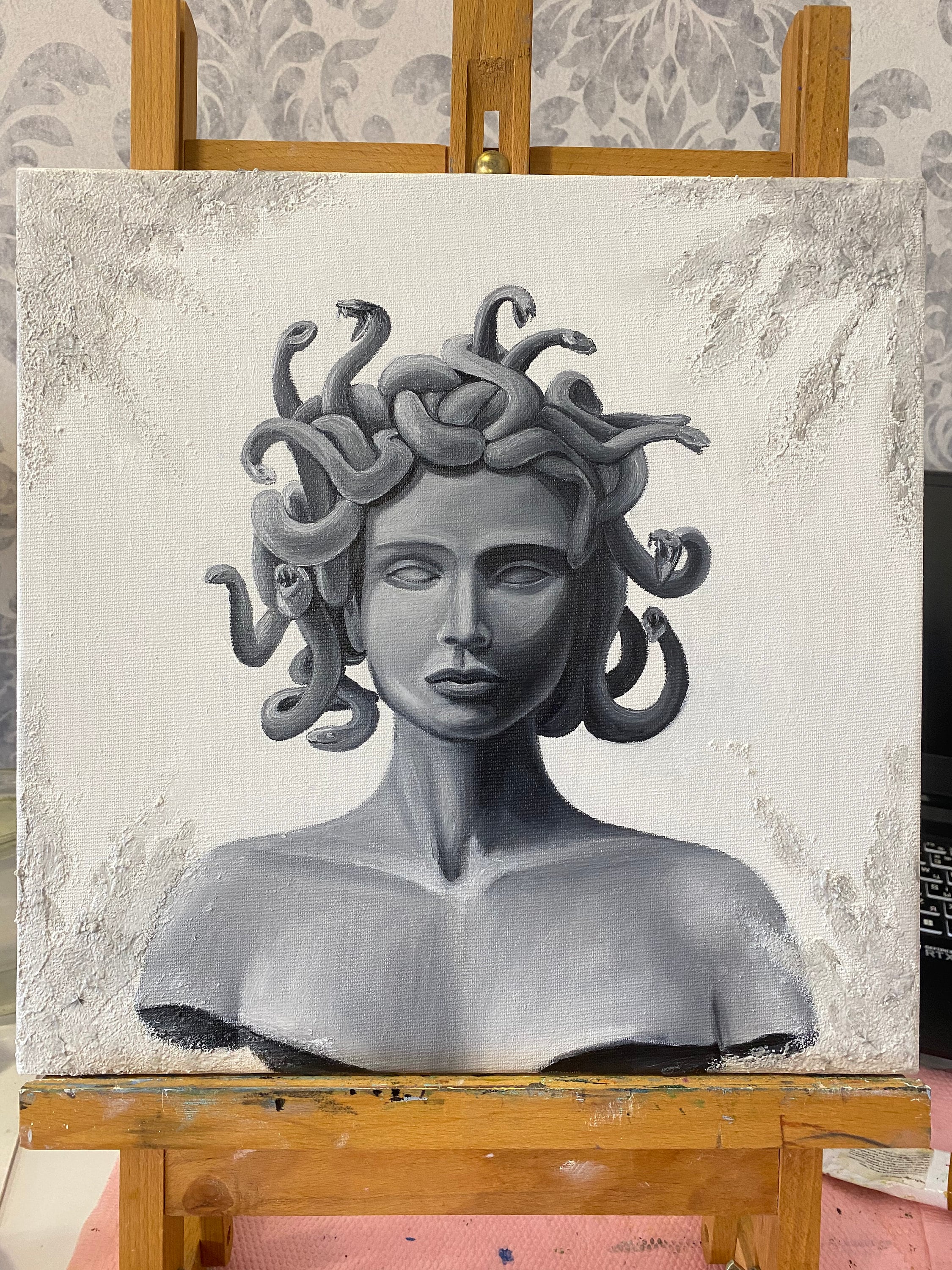 メデューサ・ゴルゴン油絵：ギリシャの女神の肖像、12x12インチの