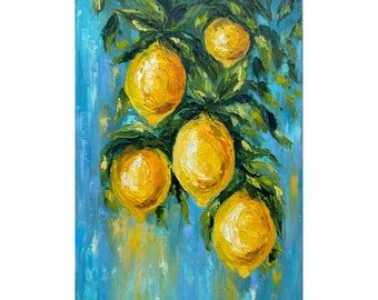 レモンの絵画：オリジナルシトラスオイルインパストアート、12x8