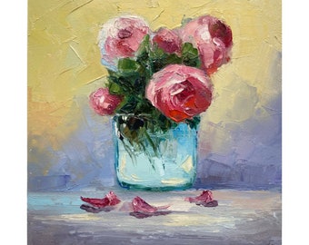Różowe piwonie, obraz olejny: Impasto Floral Art, 8x8