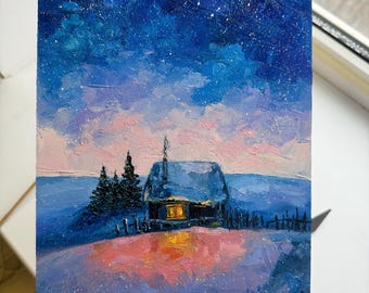 オリジナル冬の風景油絵：星空のコテージアート（12x8インチ） - Etsy 日本