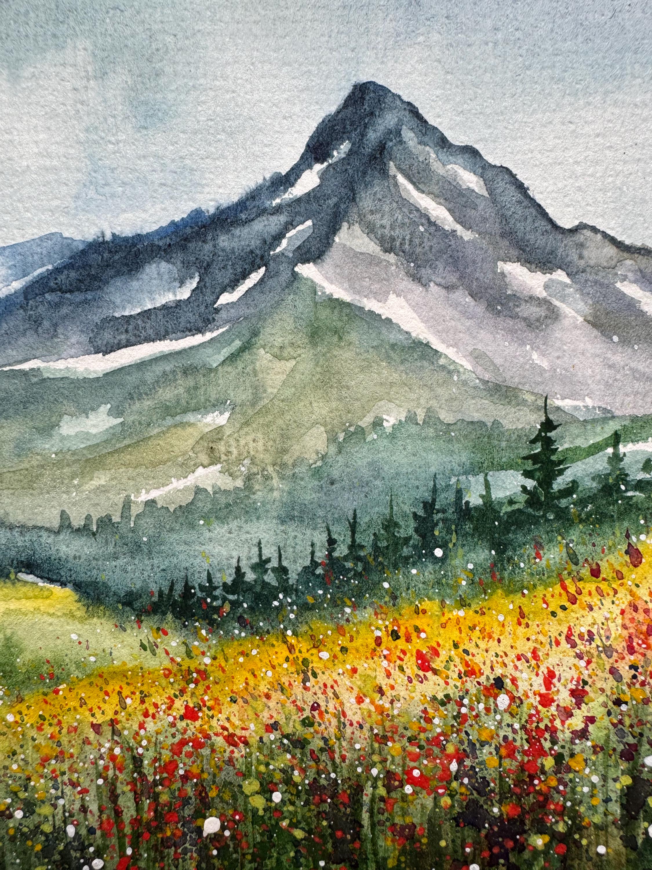 ロッキー山脈の水彩画：コロラドの野花の風景画（6x8） - Etsy 日本