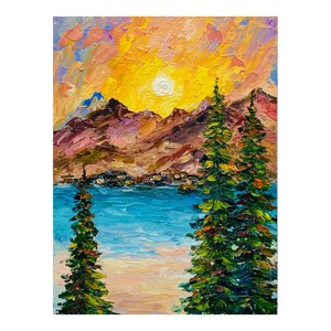 Pintura de pino, arte original del lago Tahoe, arte mural de pino, pintura de paisaje de montaña empaste, arte pequeño original del lago Tahoe 8x6 por Alla