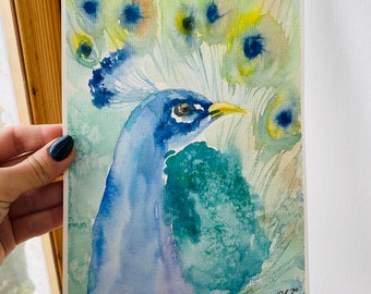 オリジナルの孔雀の水彩画：カラフルな鳥の壁アート（8x6） - Etsy 日本