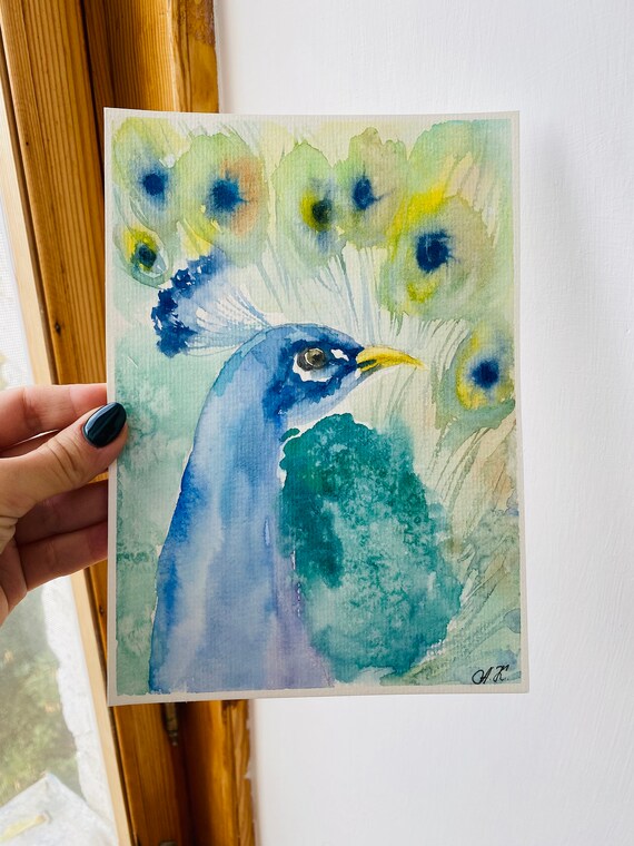 オリジナルの孔雀の水彩画：カラフルな鳥の壁アート（8x6） - Etsy 日本
