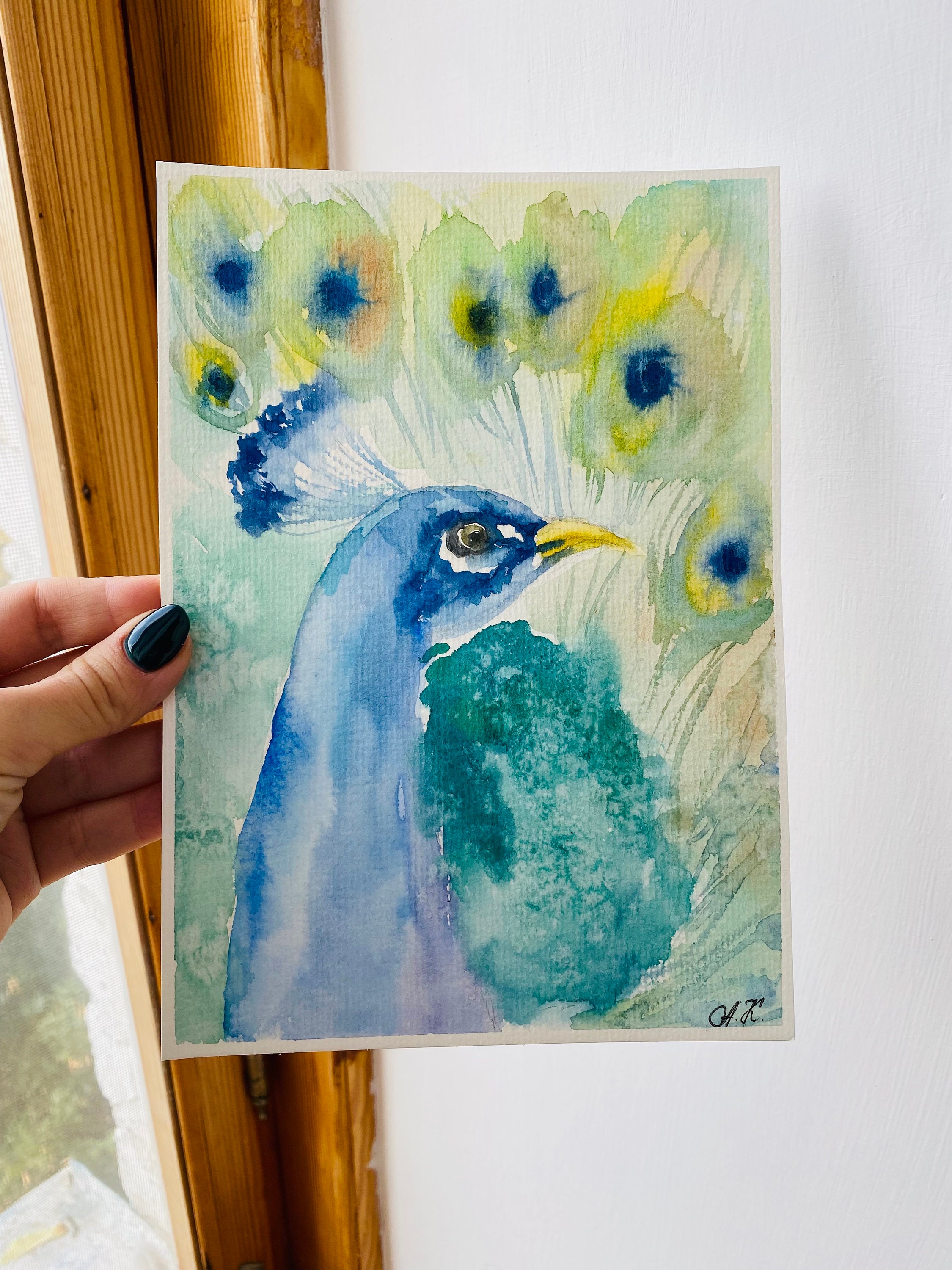 オリジナルの孔雀の水彩画：カラフルな鳥の壁アート（8x6） - Etsy 日本