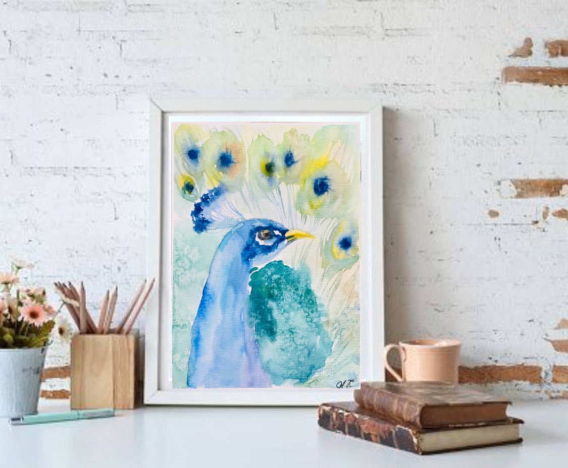 オリジナルの孔雀の水彩画：カラフルな鳥の壁アート（8x6） - Etsy 日本
