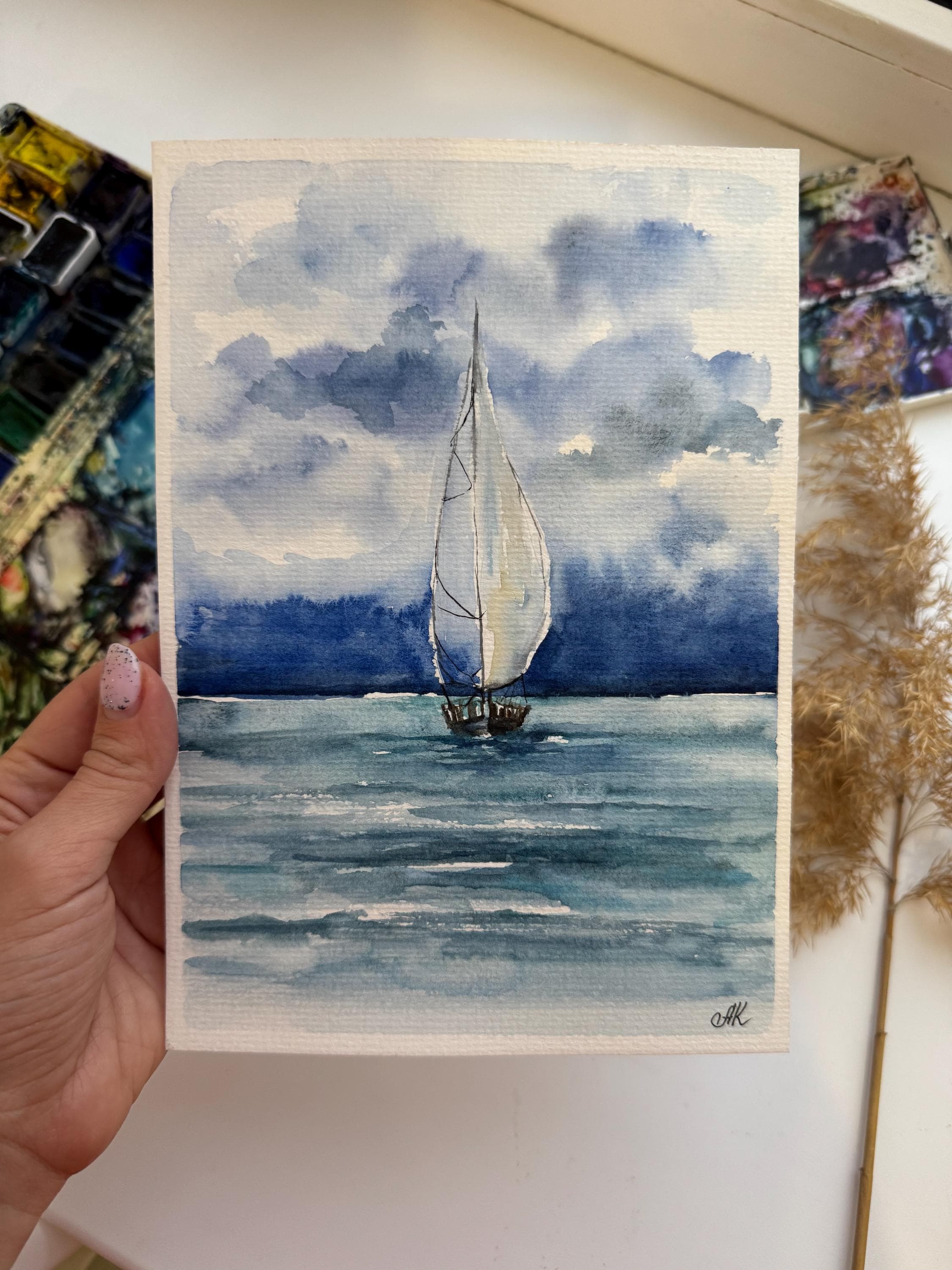 オリジナル水彩画「帆船」：カリフォルニアの海景アート 6x8 - Etsy 日本