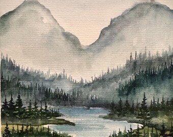 オリジナル水彩画「山と川」：松の木の風景画（6x8インチ） - Etsy 日本
