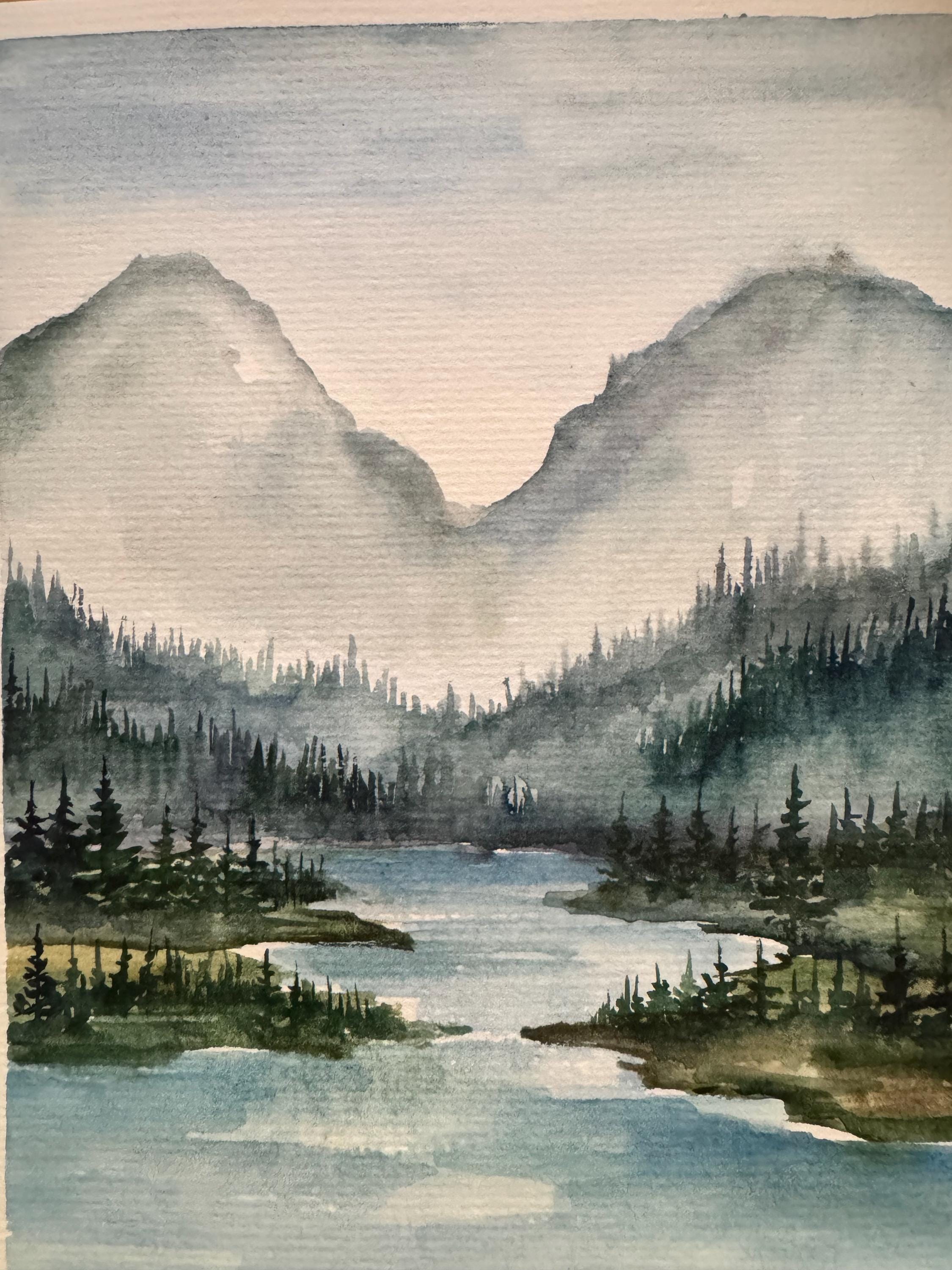 オリジナル水彩画「山と川」：松の木の風景画（6x8インチ） - Etsy 日本
