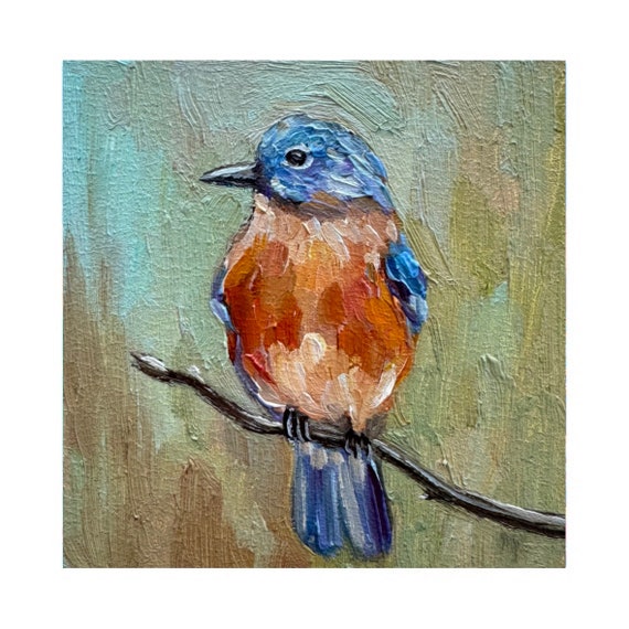 ［bluebird］絵画　油絵　※値段交渉あり Bluebird Oil Painting Original Framed 4x4, Blue Bird Art Miniature