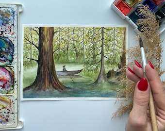 ルイジアナ沼地の水彩画：糸杉の木々の風景画（6x8） - Etsy 日本