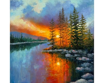 Tahoe Lake Sunset Painting, Original Oil Mountain Landscape Art (12x12)