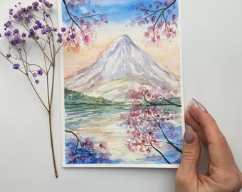 富士山の水彩画：日本の桜のアート（8x6インチ） - Etsy 日本