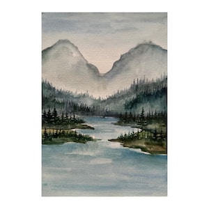 Mountain river painting pine tree watercolor original art Mountain River Wall Art Watercolor Landscape painting pine tree artwork 6x8 inches