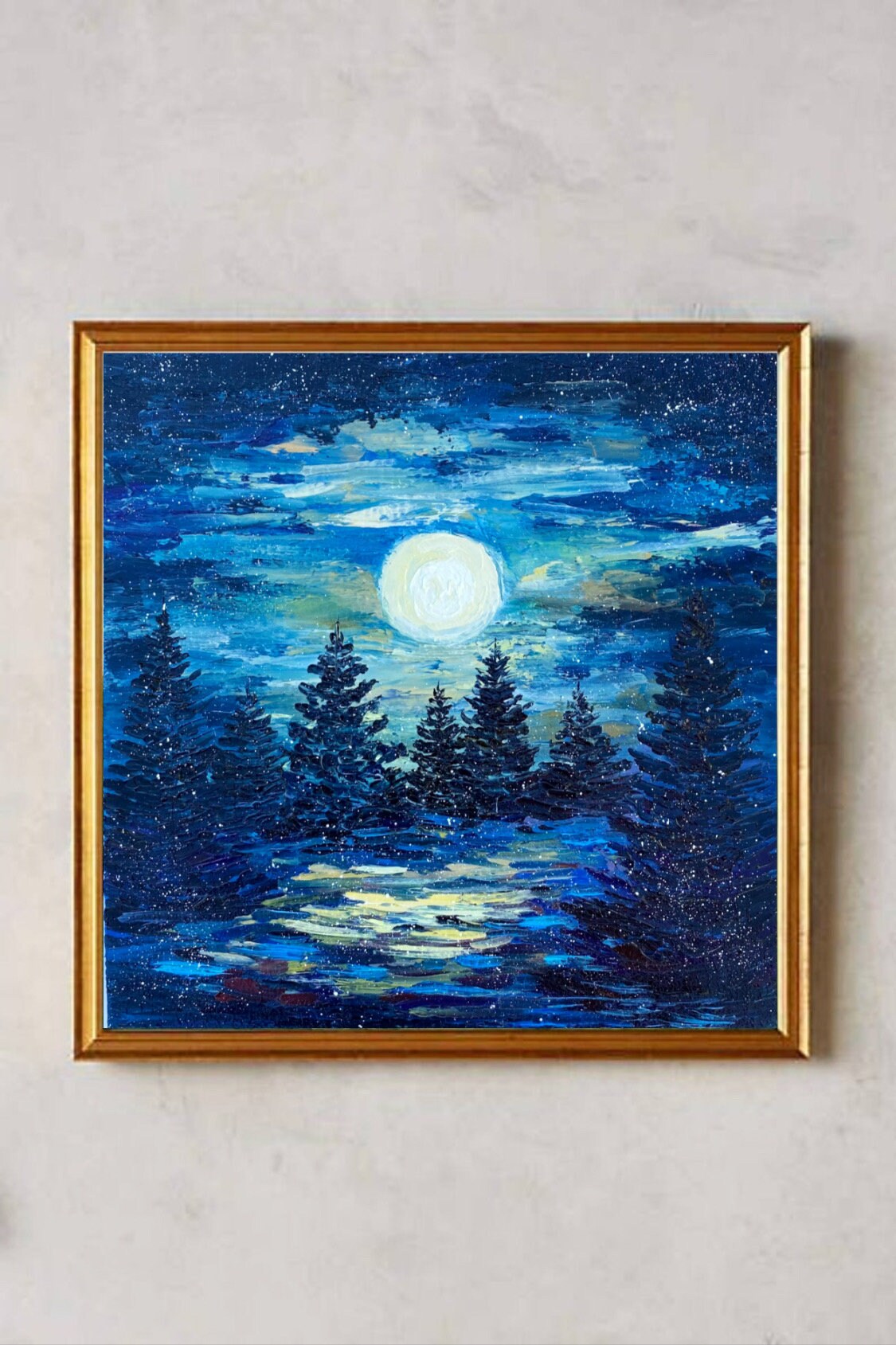 Painting Moon painting Sky art Night landscape Could artwork Original