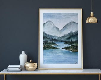 オリジナル水彩画「山と川」：松の木の風景画（6x8インチ） - Etsy 日本