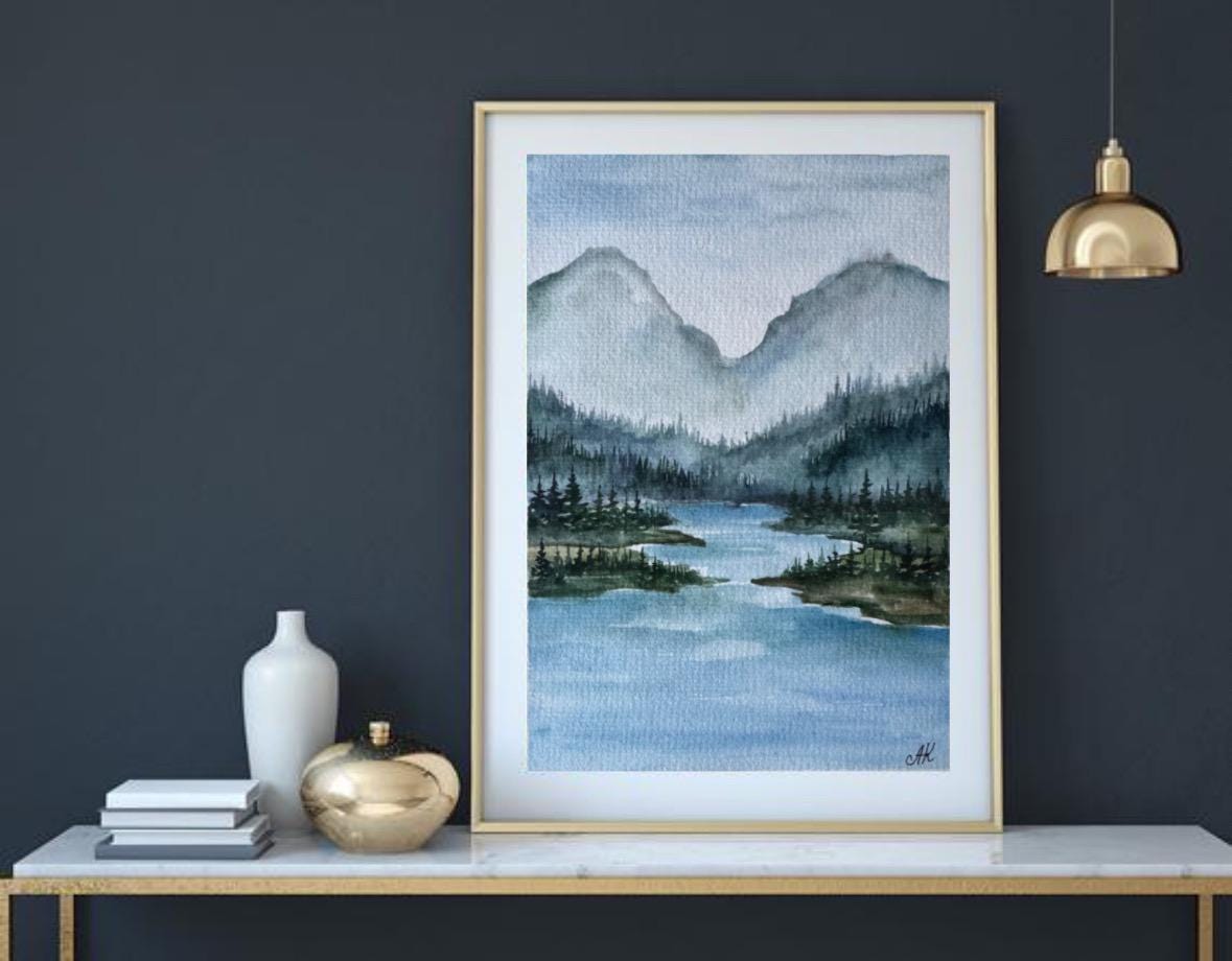 オリジナル水彩画「山と川」：松の木の風景画（6x8インチ） - Etsy 日本