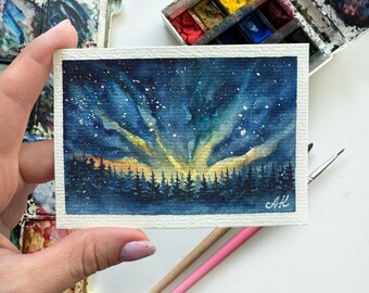Original Northern Lights Watercolor Painting: Night Sky Forest ACEO 3x4