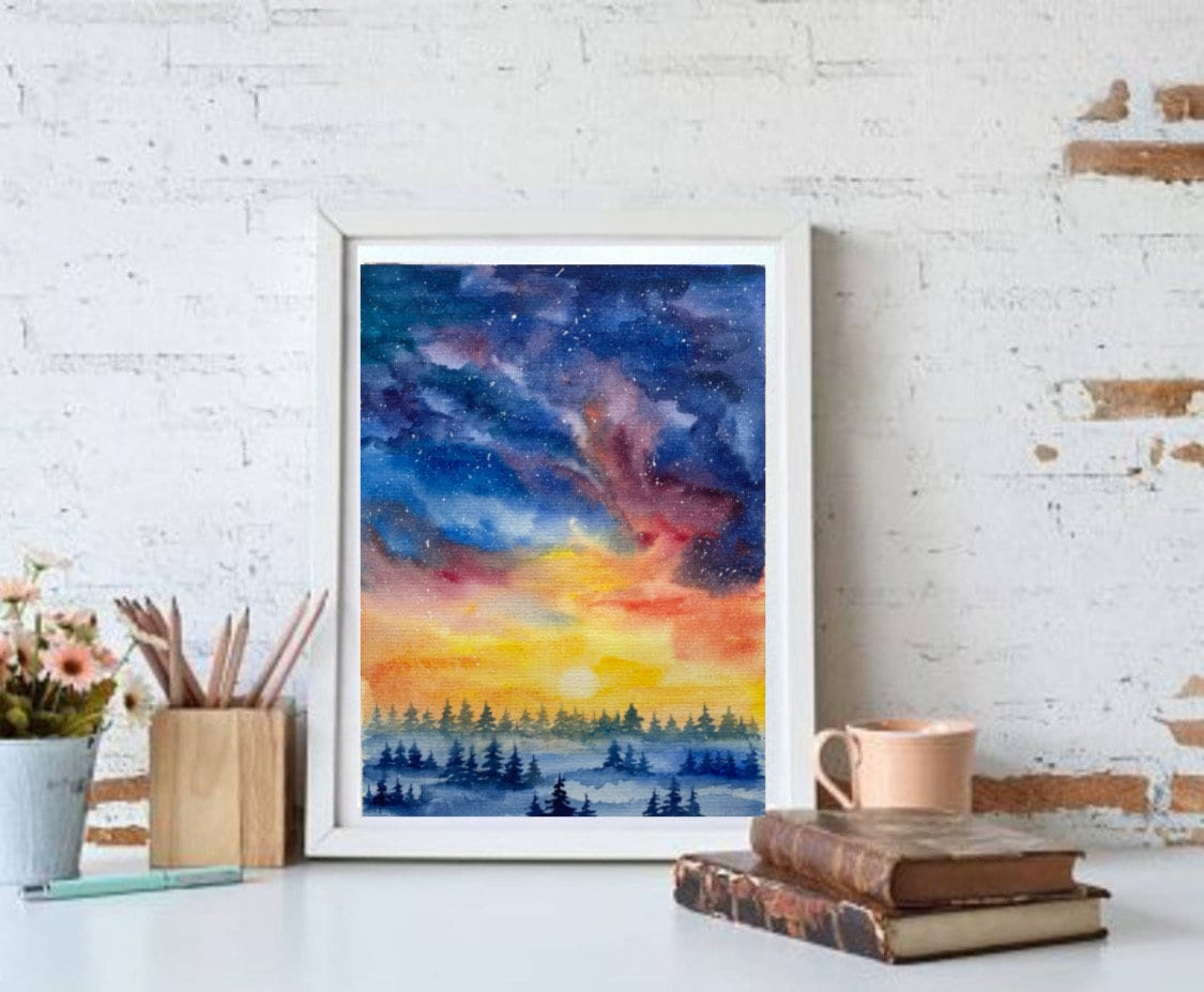 オリジナル夜空水彩画：松林の銀河アート（8x6） - Etsy 日本