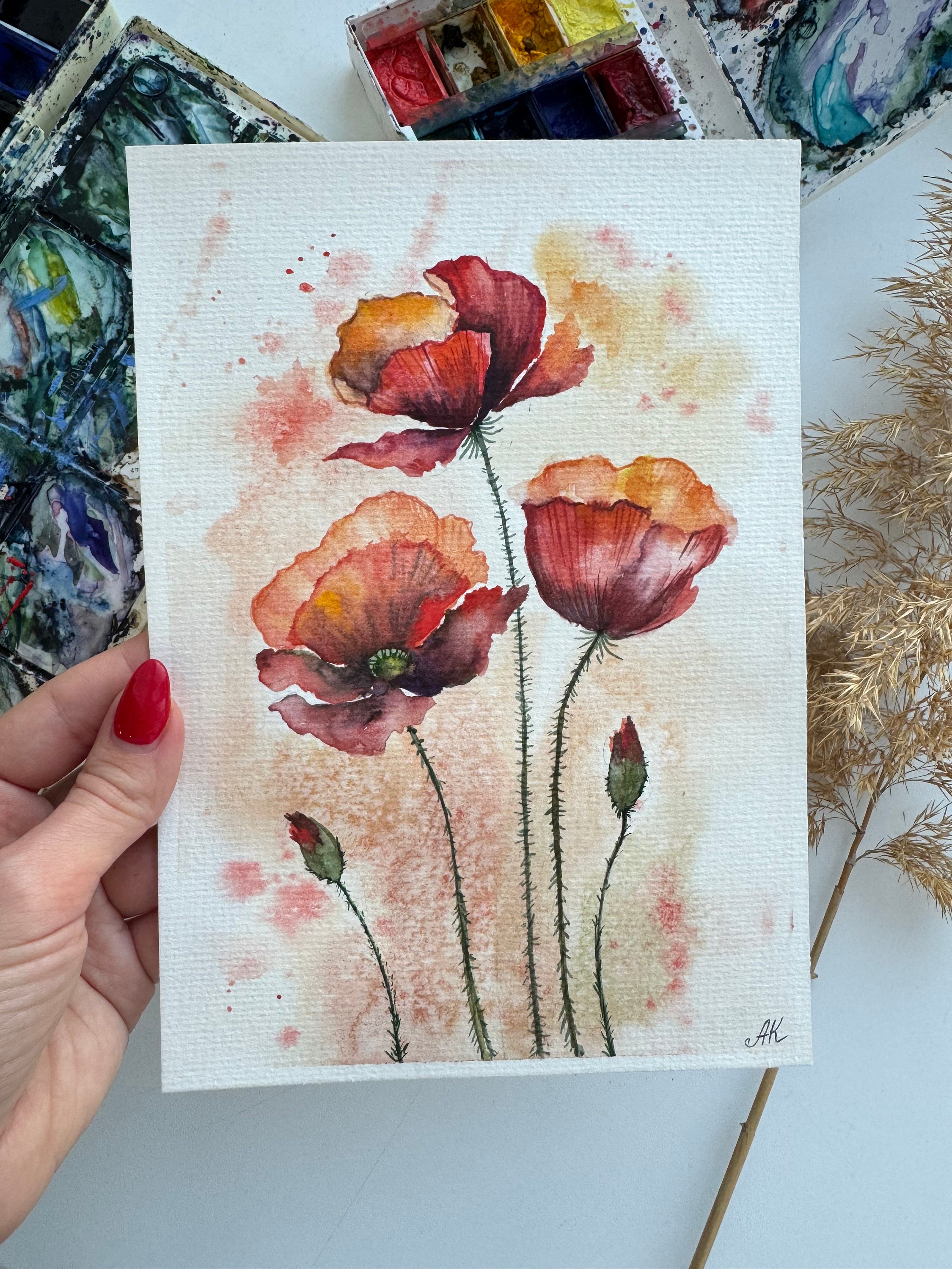カリフォルニアポピーの絵画：オリジナルの花の水彩画（6 x 8インチ