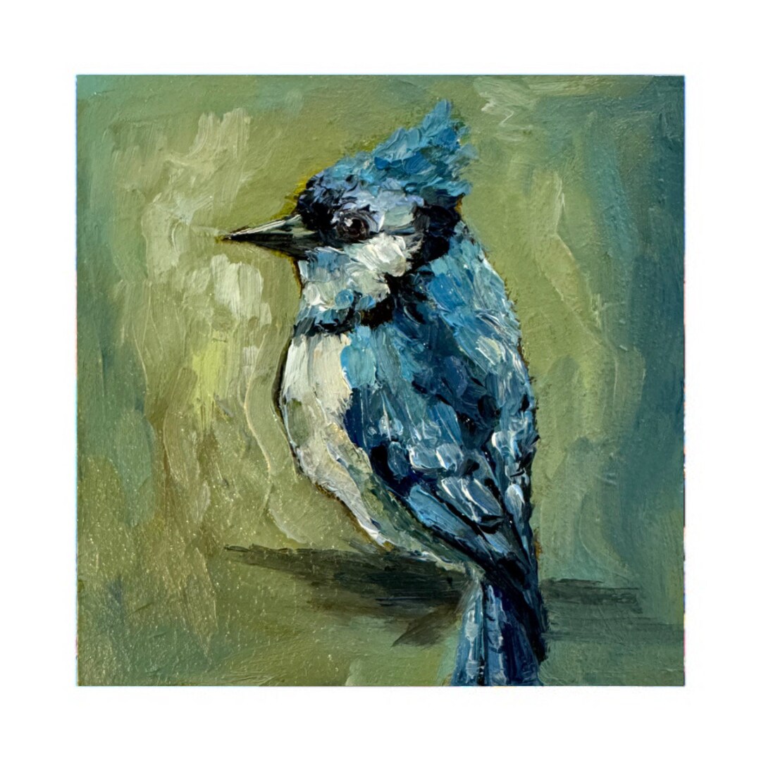 Blue Jay Oil Painting: Impasto Bird Art, Palette Knife Artwork