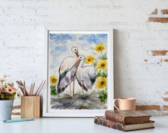 コウノトリの水彩画：オリジナルの鳥のアート、8x6インチ - Etsy 日本