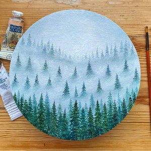 Oil painting Misty Forest Art Foggy forest Landscape painting Christmas tree oil painting original art Spruce Forest painting round artwork image 2