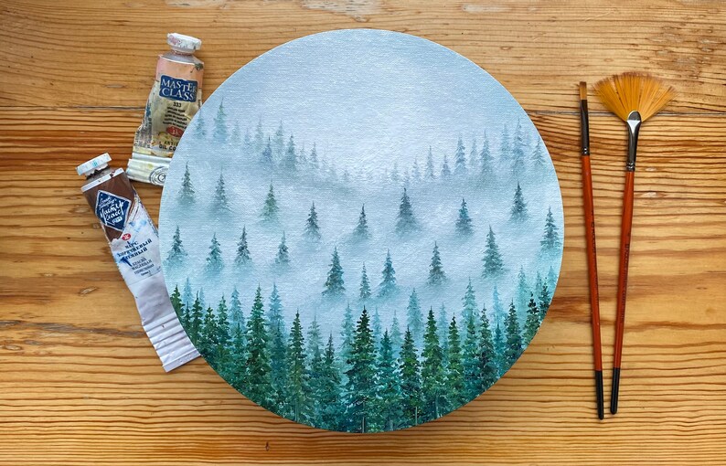 Oil painting Misty Forest Art Foggy forest Landscape painting Christmas tree oil painting original art Spruce Forest painting round artwork image 2