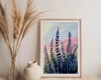 ラベンダー畑の水彩画：プロヴァンスの風景画（6x8） - Etsy 日本