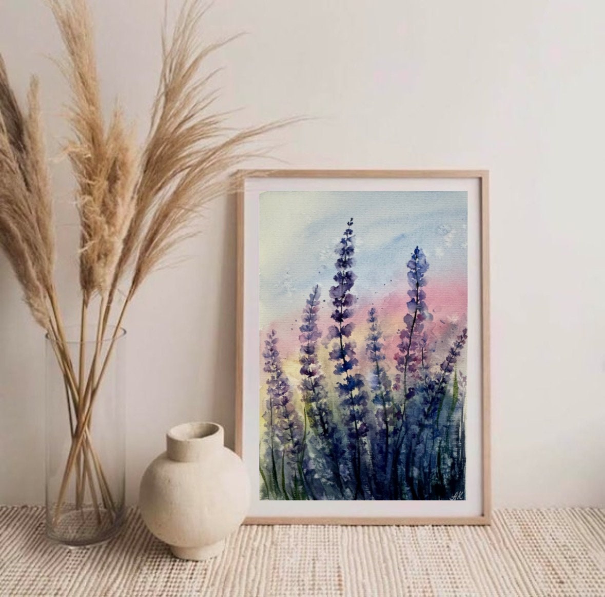 ラベンダー畑の水彩画：プロヴァンスの風景画（6x8） - Etsy 日本