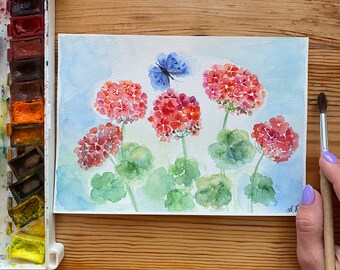 オリジナルゼラニウム水彩画：赤い花の壁アート（6x8） - Etsy 日本