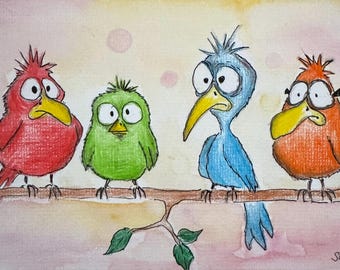 鳥の絵、動物アート、子供部屋アート、オリジナル、鳥、水彩画