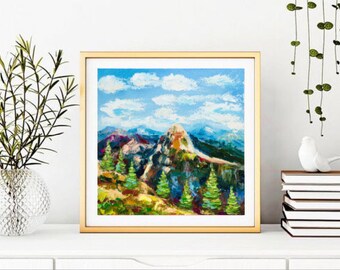 グレイシャー国立公園の油絵：インパスト山岳風景画（8x8） - Etsy 日本
