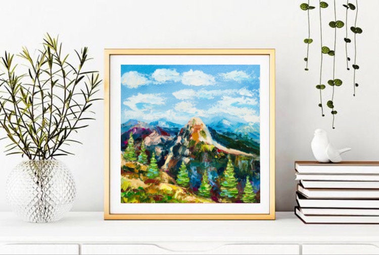 グレイシャー国立公園の油絵：インパスト山岳風景画（8x8） - Etsy 日本