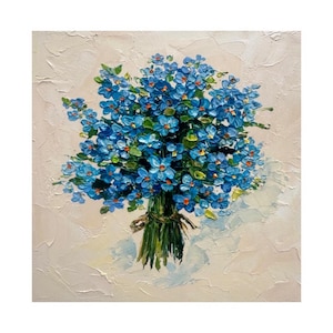 Forget-me-nots Painting Floral Original oil Art Abstract Blue Flower Wall Art Forget-me-nots impasto painting Small Artwork 6х6 by Alla