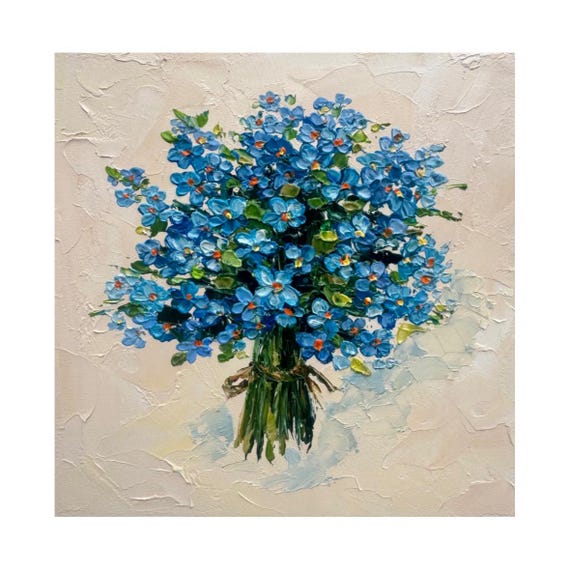 ワスレナグサの油絵：抽象的な花のインパストアート（6x6） - Etsy 日本