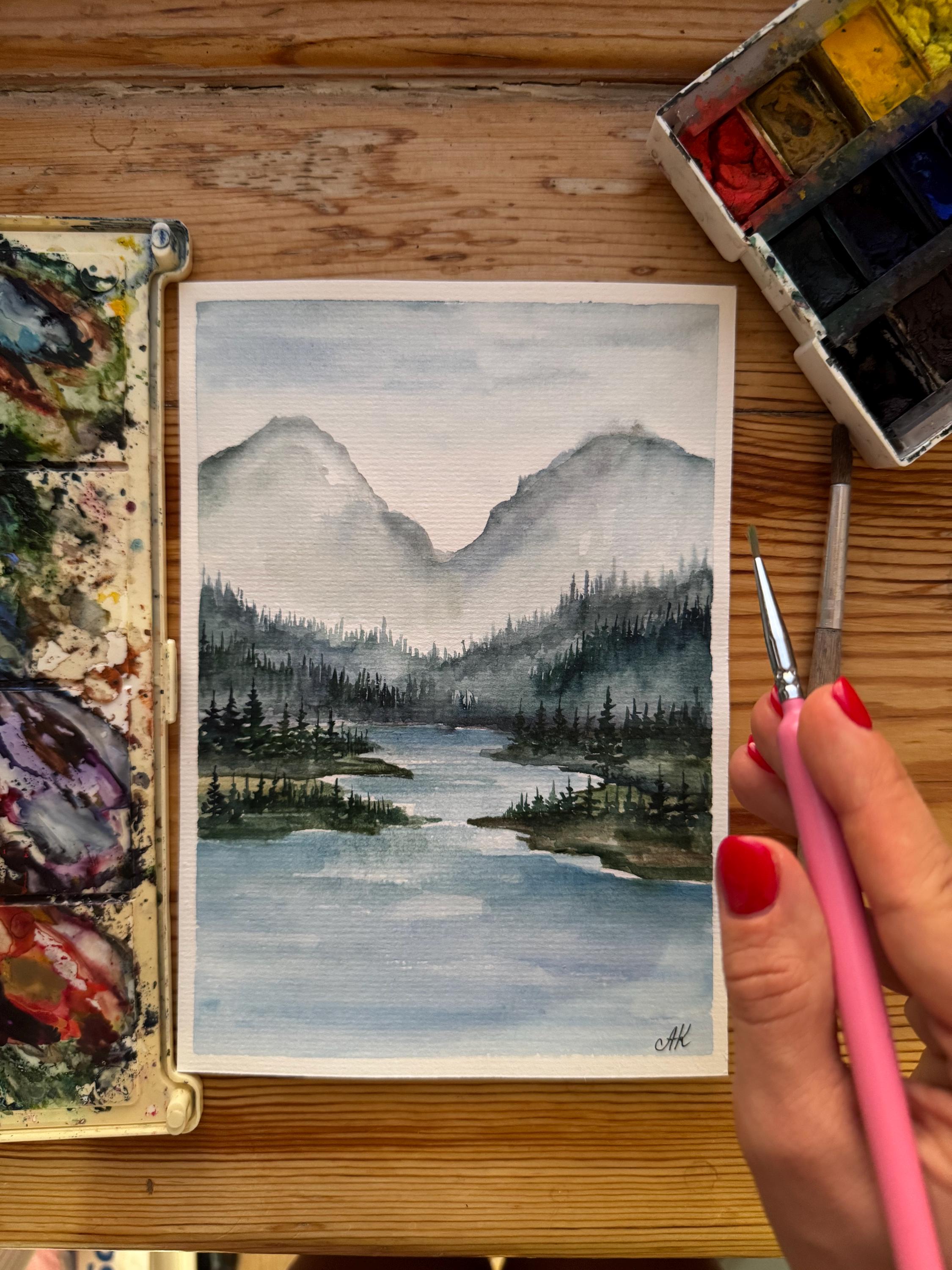 オリジナル水彩画「山と川」：松の木の風景画（6x8インチ） - Etsy 日本