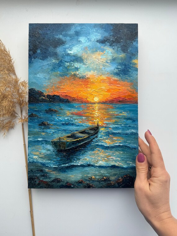 漁船の油絵：インパスト海景画、12x8 - Etsy 日本