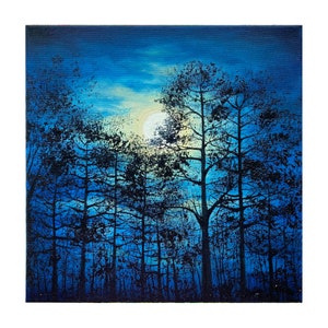 Full moon landscape Painting Pine trees Original Art night forest oil painting moonlight Wall Art Night Landscape canvas artwork 10x10 inch