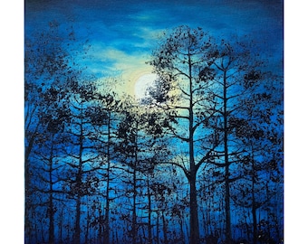 Peinture à l'huile originale : Pleine lune, paysage nocturne de pins (10 x 10 pouces)