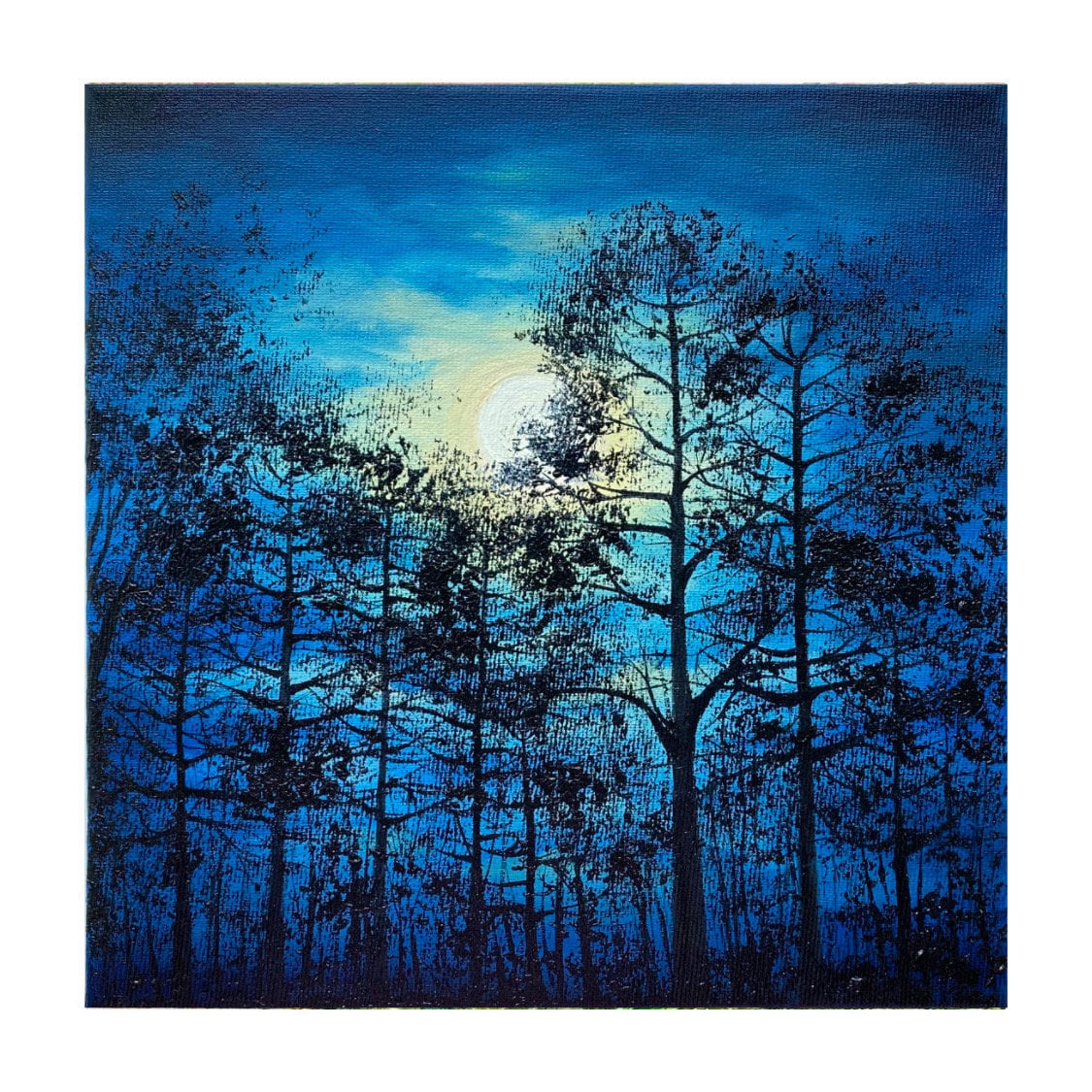 満月の風景画 松の木 オリジナルアート 夜の森 油絵 月光