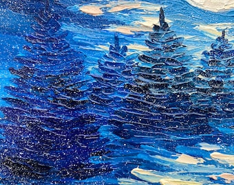 満月の松の木の油絵：夜の森のインパストアート（8x8） - Etsy 日本