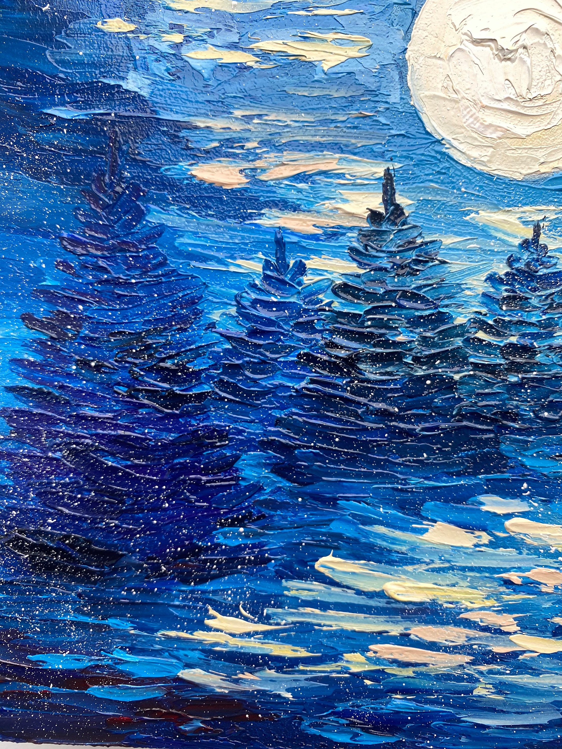 満月の松の木の油絵：夜の森のインパストアート（8x8） - Etsy 日本