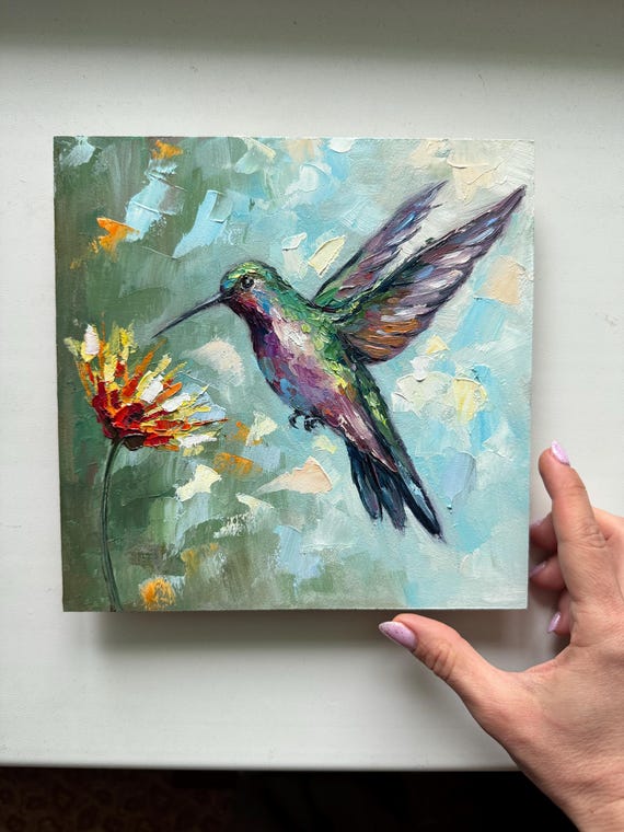 ハチドリの油絵：オリジナル厚塗り鳥画、8x8インチ - Etsy 日本