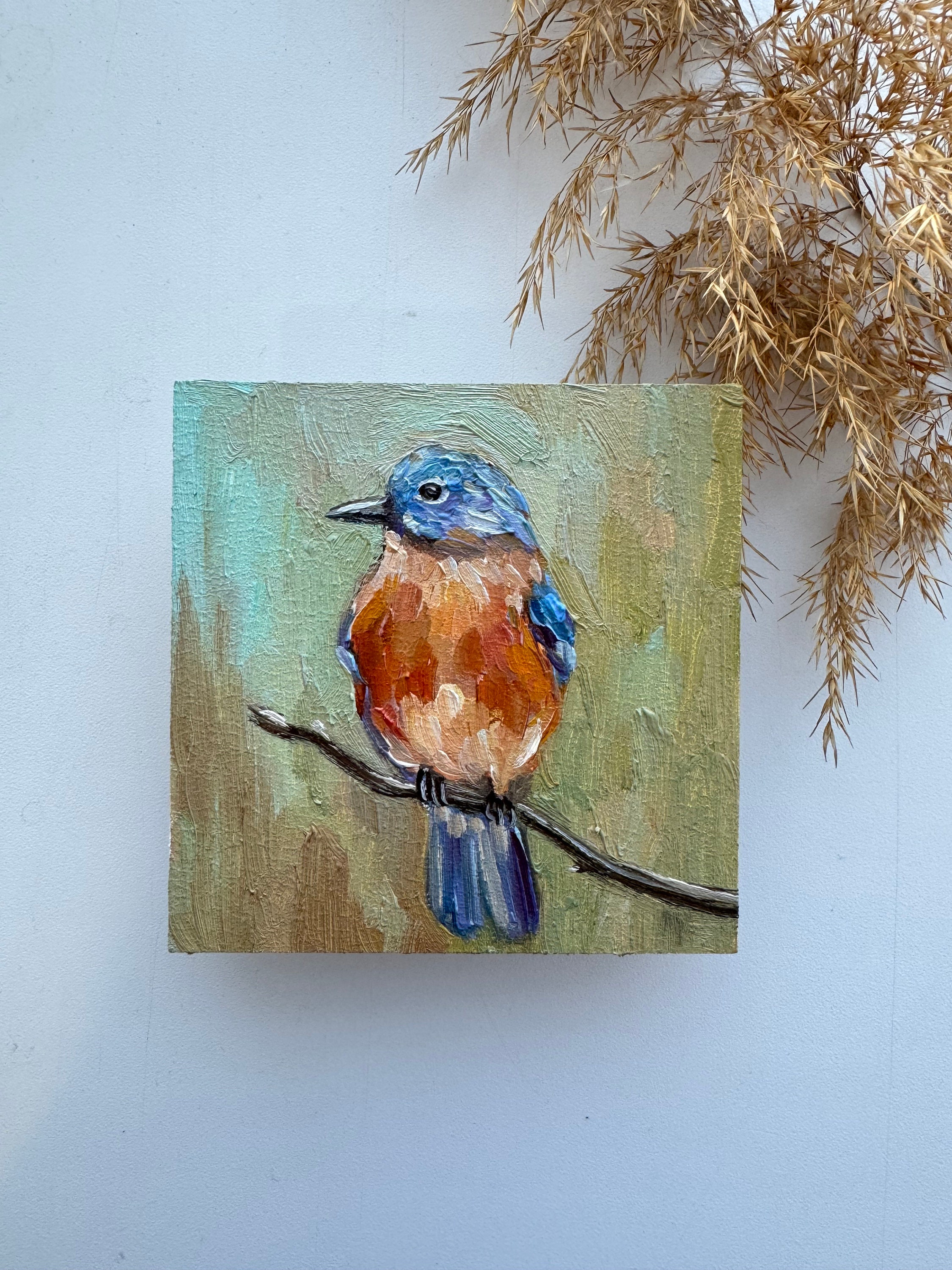 青い鳥の油絵：小さなインパスト鳥アート（4x4インチ） - Etsy 日本