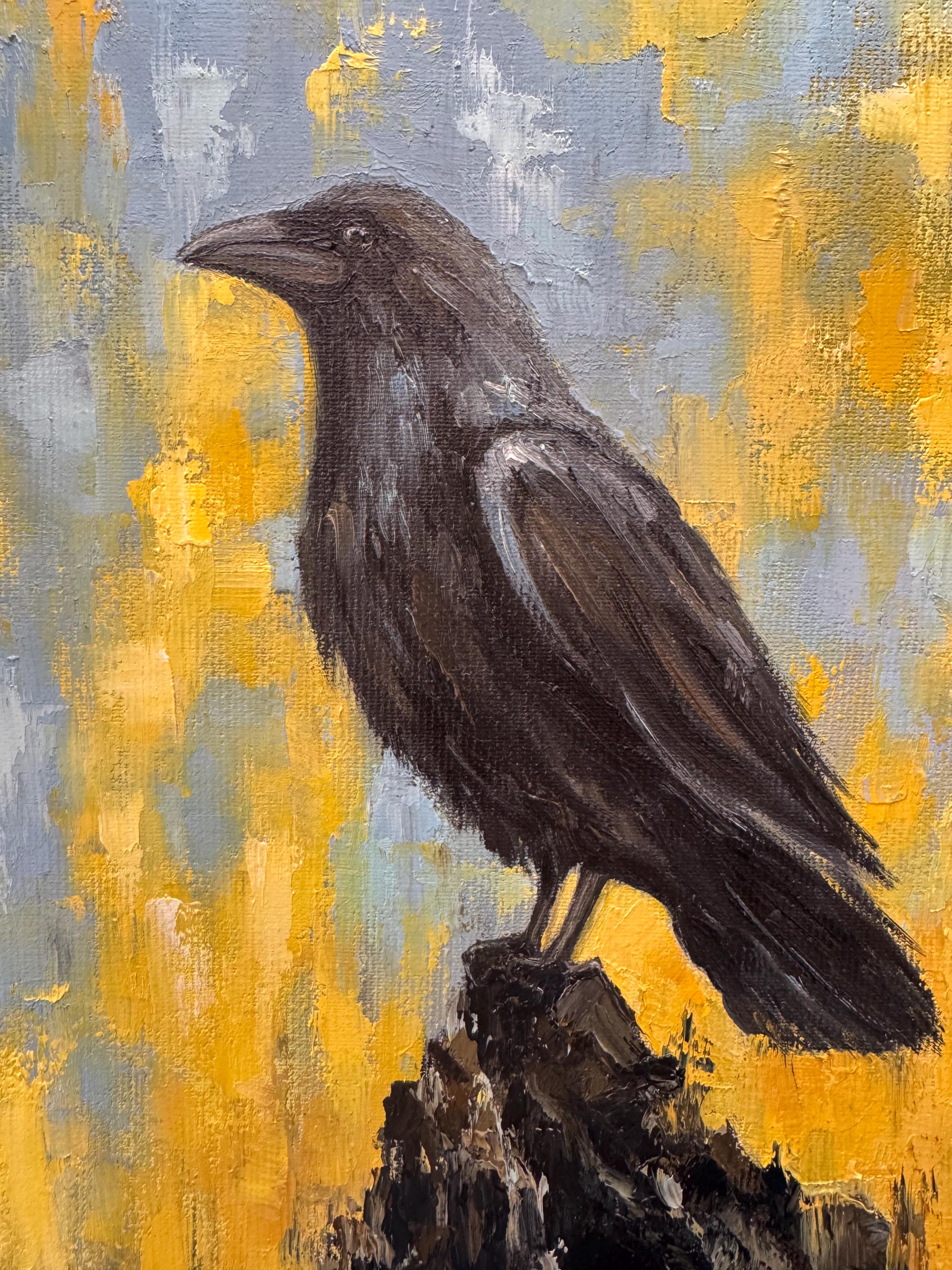 レイヴン油絵：インパストカラスアート、ブラックバードキャンバス